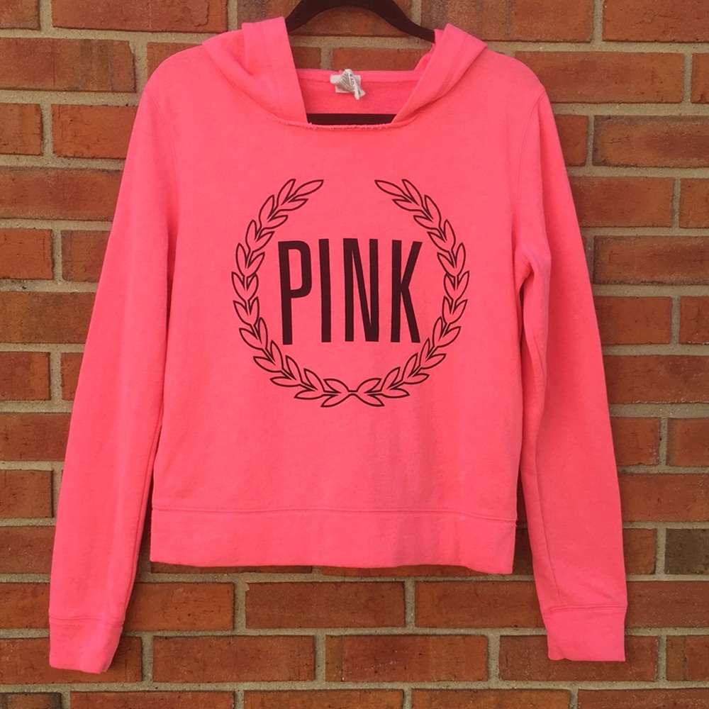 PINK Victoria’s Secret Neon Pink Fleece Logo Sweatshirt Pullover Hoodie Small